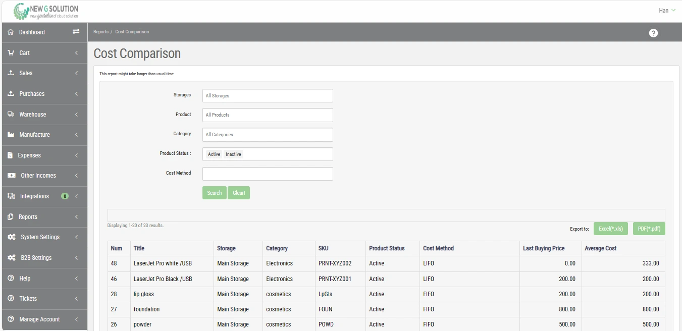 ERP screenshot comparing product costs across costing methods and inventory states