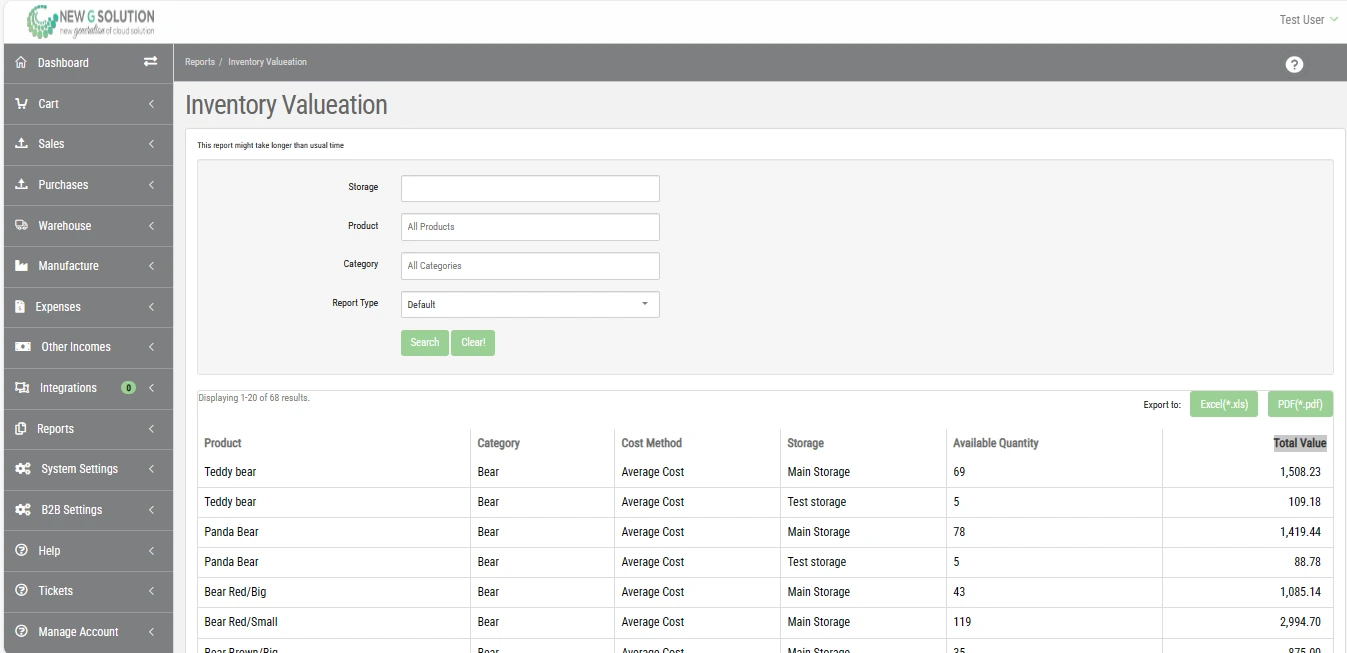 ERP screenshot of inventory valuation by product, warehouse, and costing method