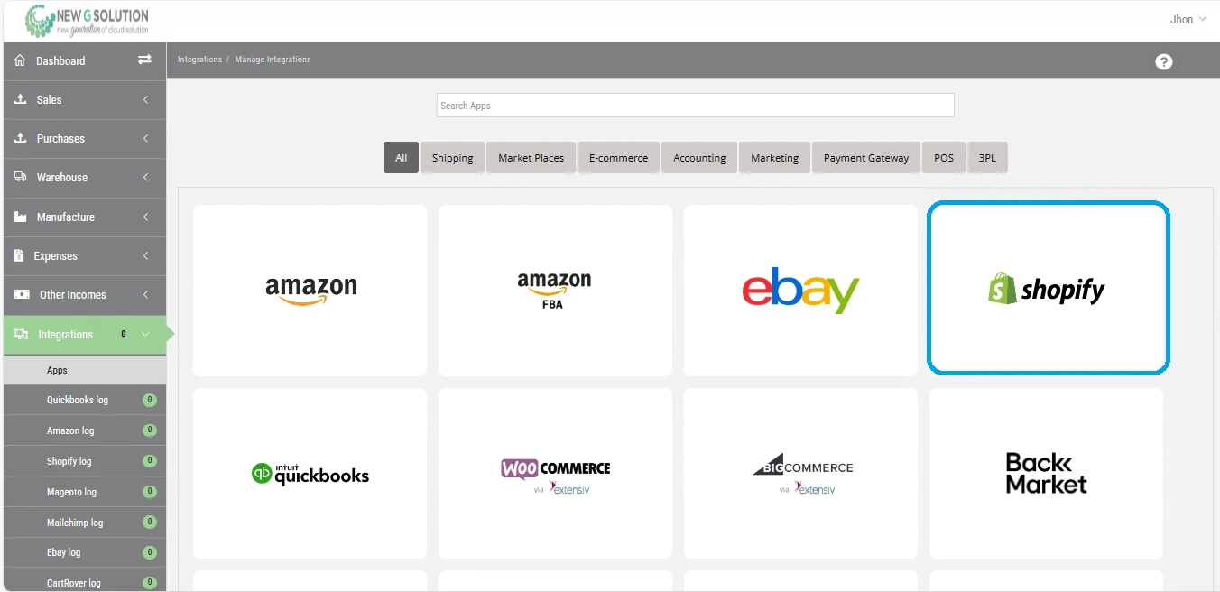 ERP integrations directory with Shopify selected from the available apps list