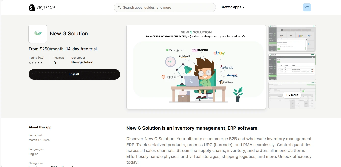 Shopify App Store listing for New G Solution with subscription and store installation flow