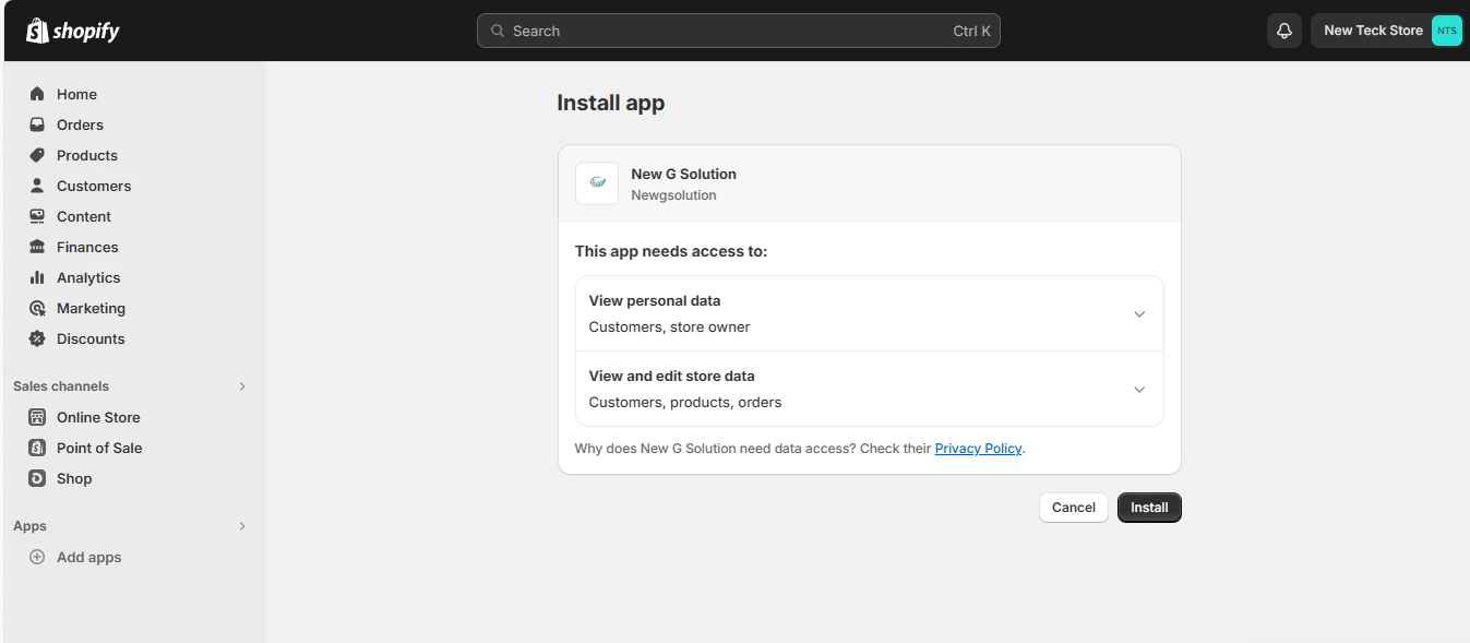 Shopify admin screen to start installing the New G Solution app in a store