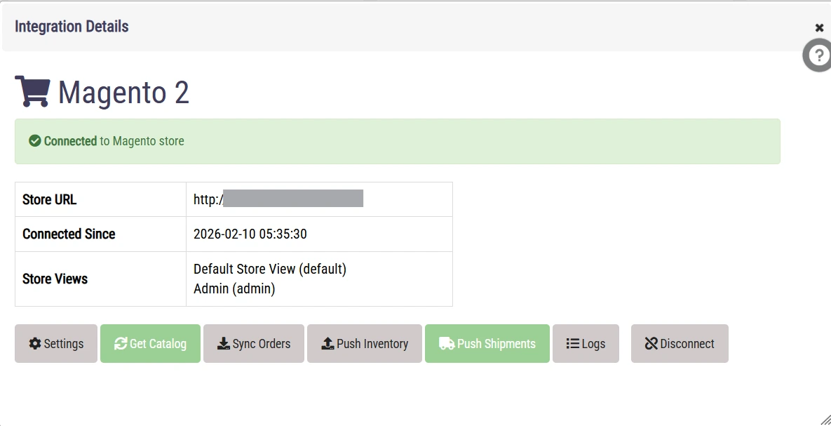 ERP integration details screen for managing connection status and synchronization actions