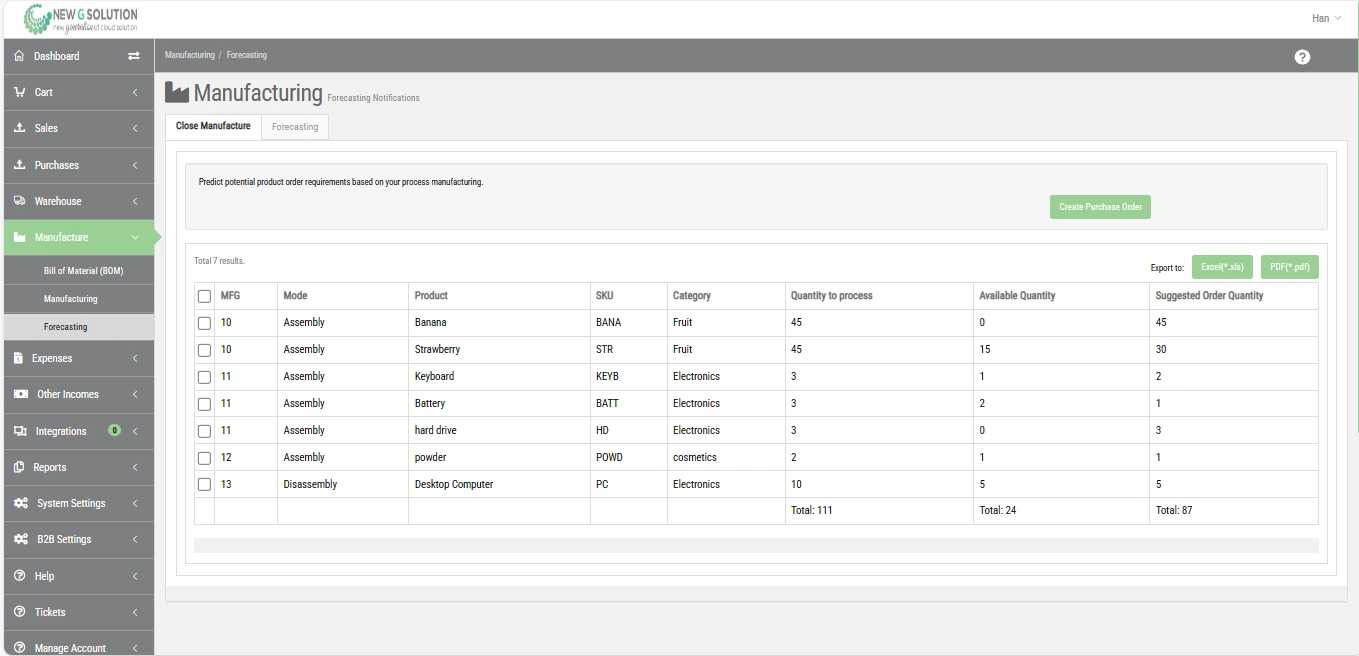 ERP screenshot of purchase order forecasting based on manufacturing operations and available quantities