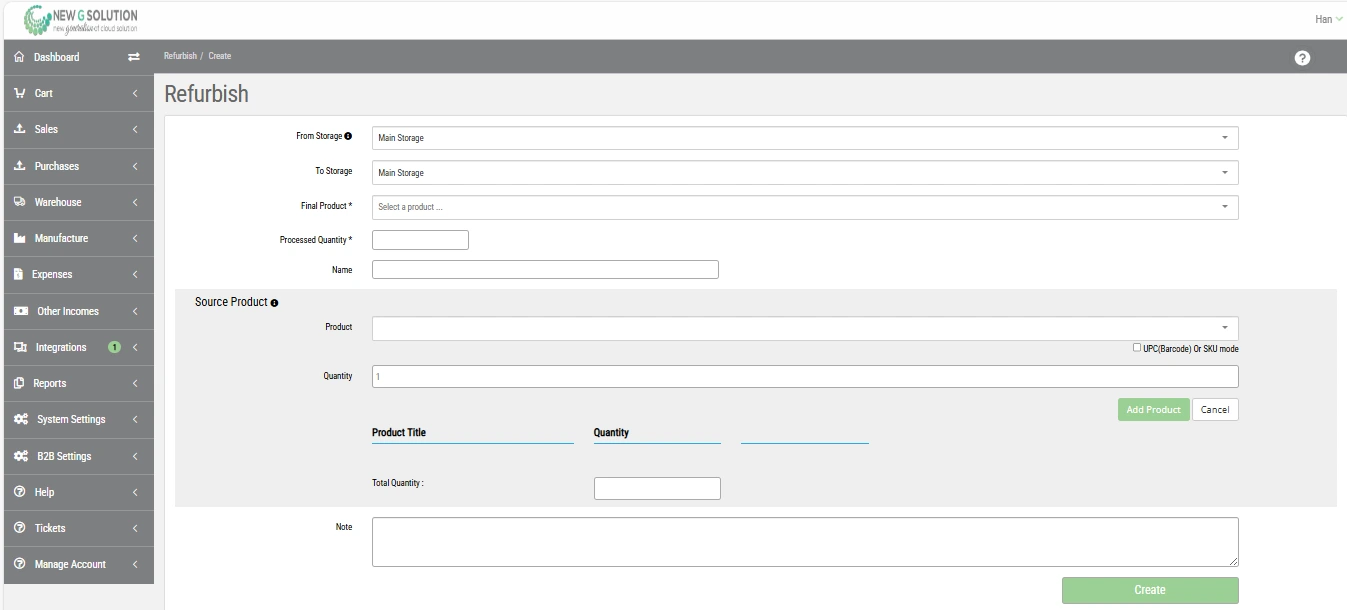 ERP screenshot of product refurbishing workflow with incoming materials and processed quantity