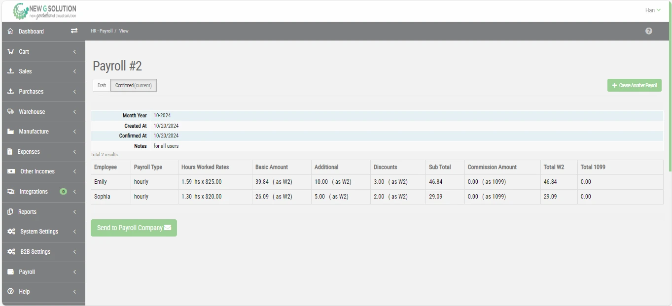 ERP screenshot of creating a payroll cycle and sending it to an external payroll provider