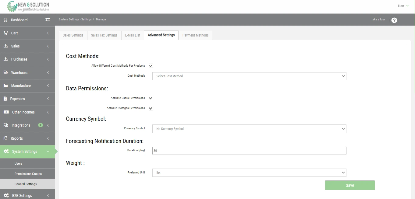 ERP screenshot of advanced system settings for cost methods, permissions, units, and operational alerts