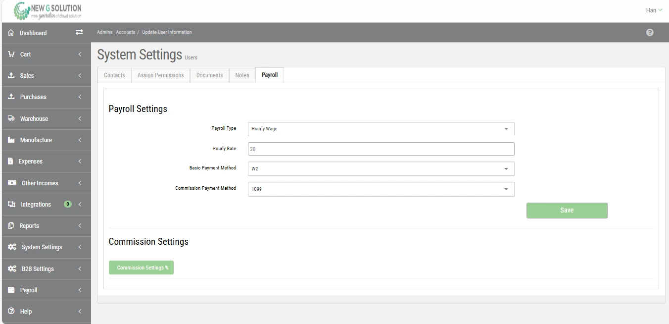 ERP screenshot of payroll type, rate, payment method, and commission settings per user