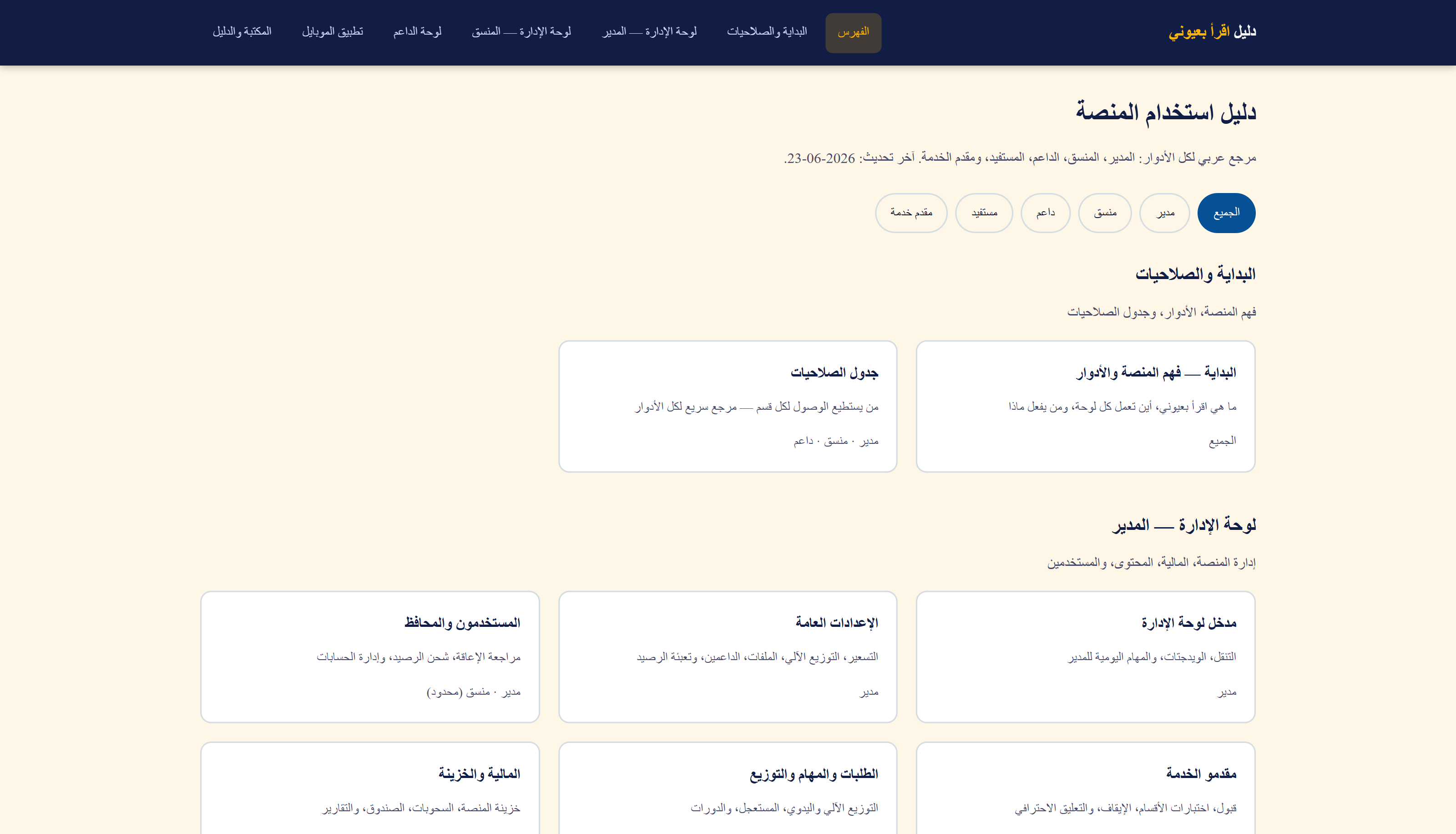 Unified Arabic platform user guide indexed by role across admin, sponsor, beneficiary, and service provider flows