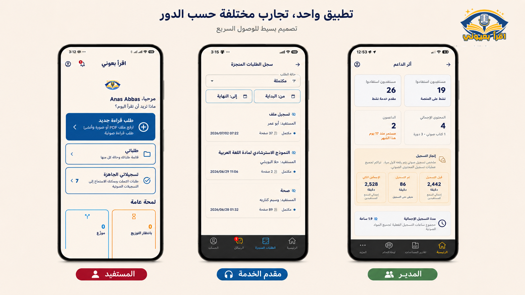 Composite mockup of three phones showing beneficiary, service provider, and manager interfaces in the Read By My Eyes app