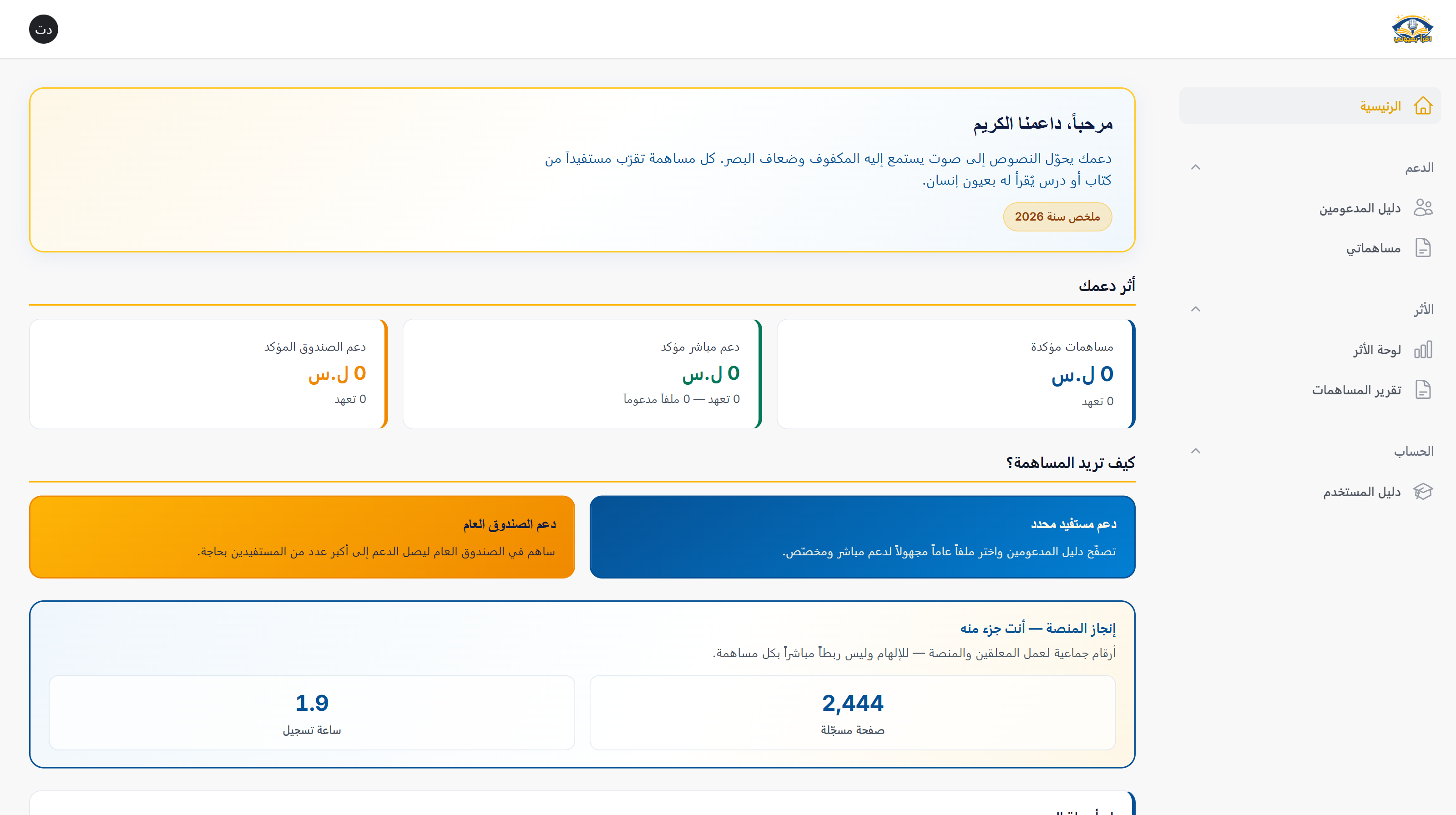 Community sponsor dashboard showing contribution options and platform impact summary